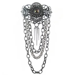 #1000p Silver & Gunmetal Filigree & Chain Pin With Spikes & Amber Cabochon