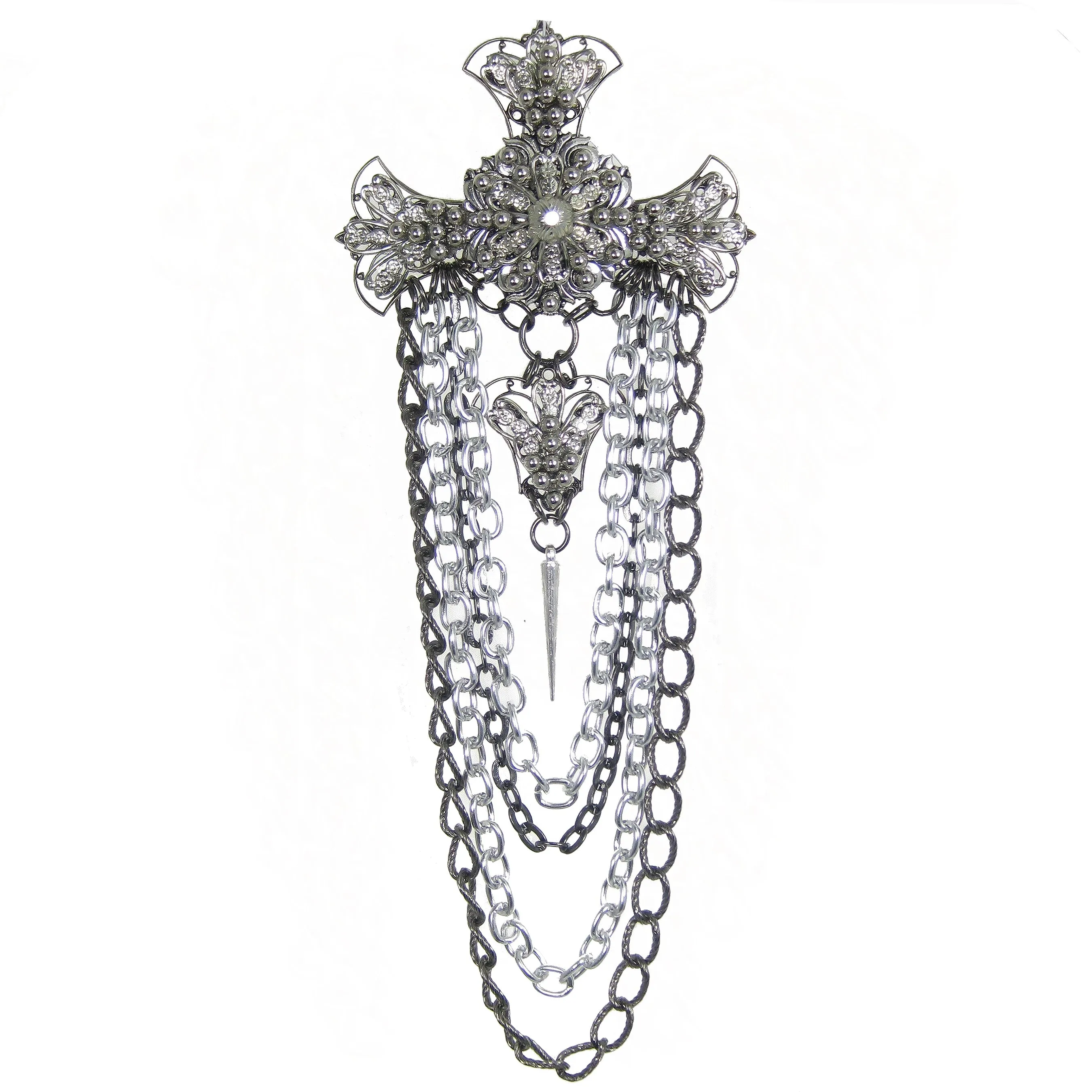 #1005p Silver & Gunmetal Tone Filigree & Chain Pin