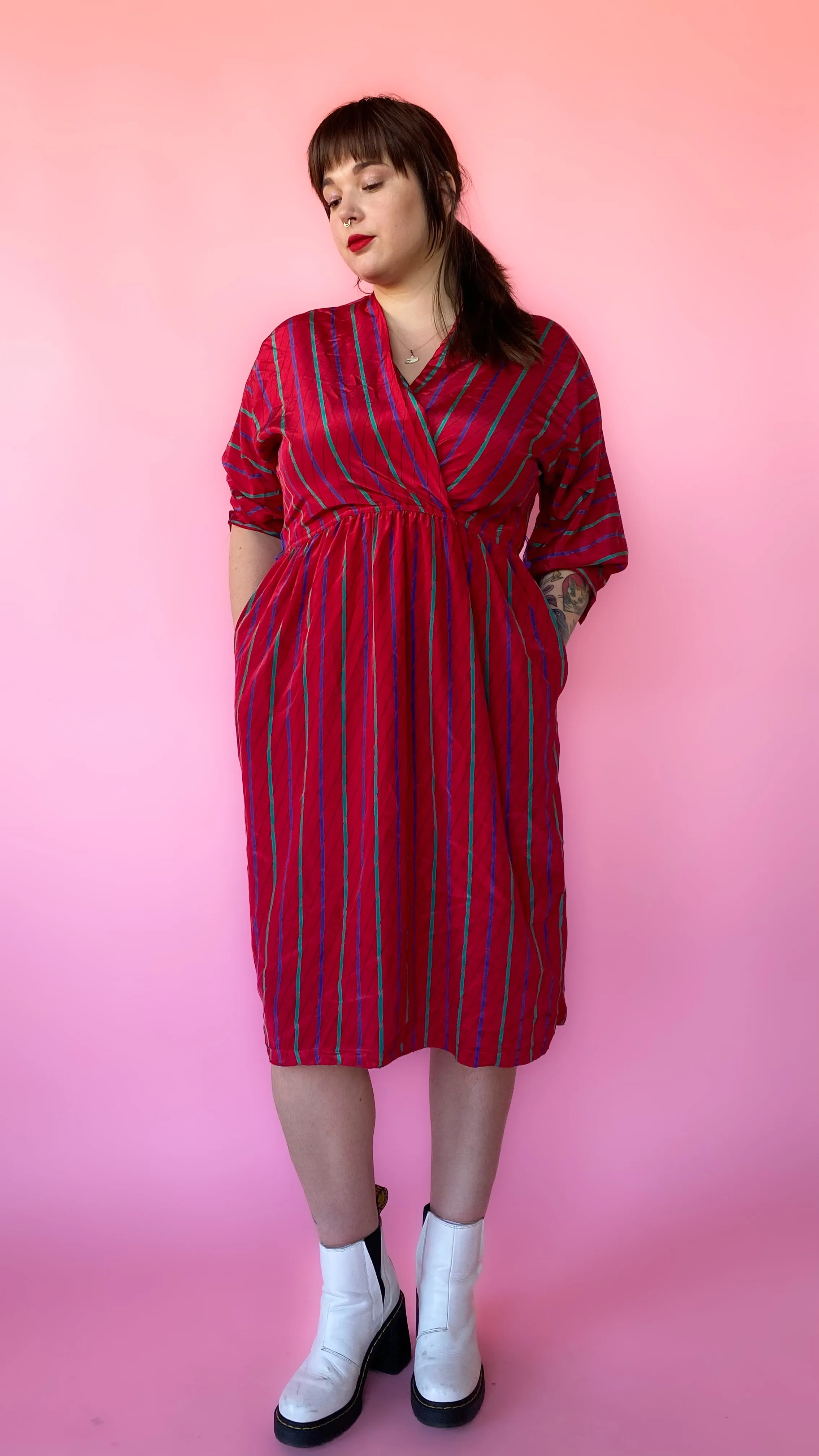 1980s Red Striped V-neck Dress, sz. L