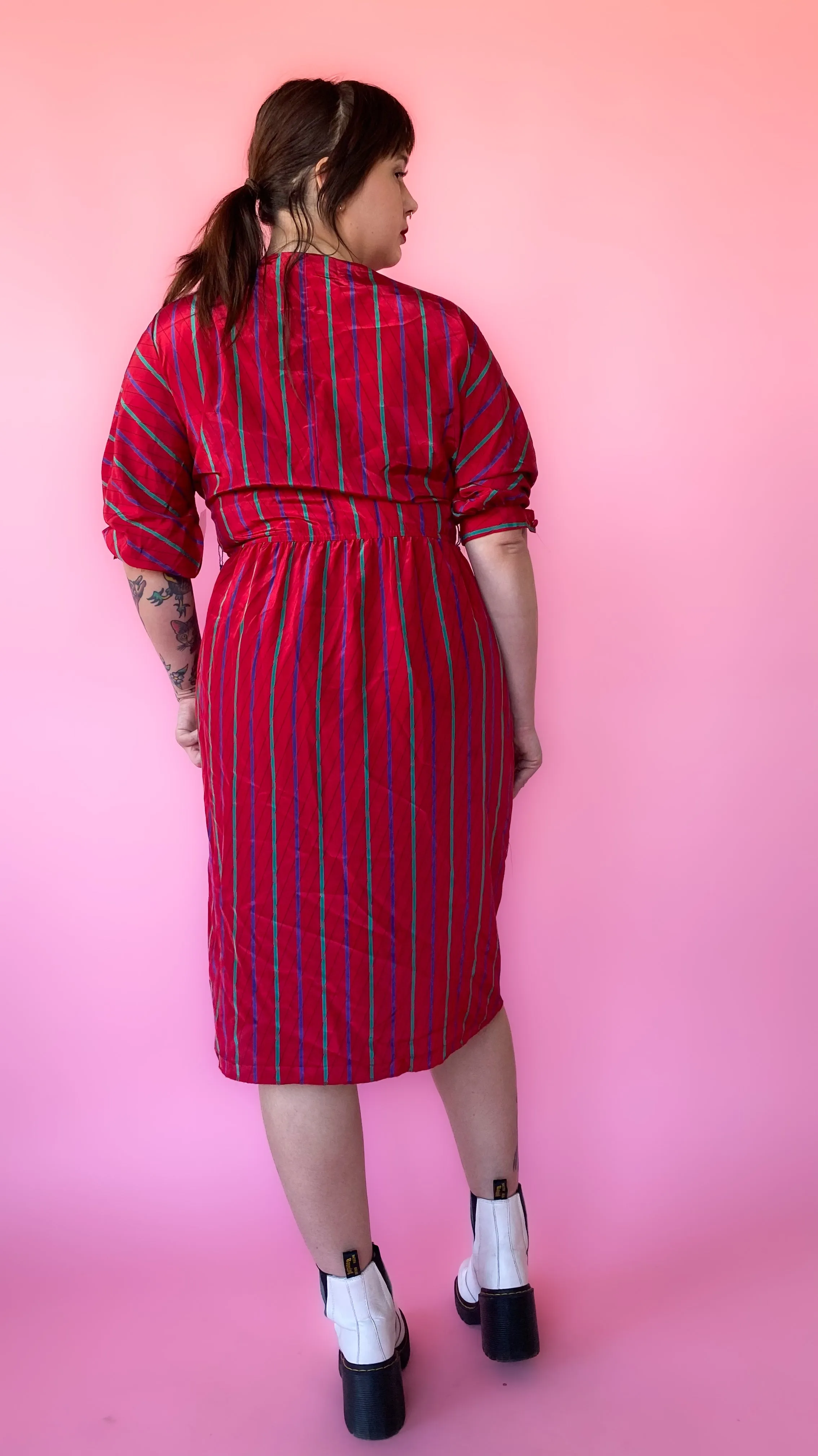 1980s Red Striped V-neck Dress, sz. L