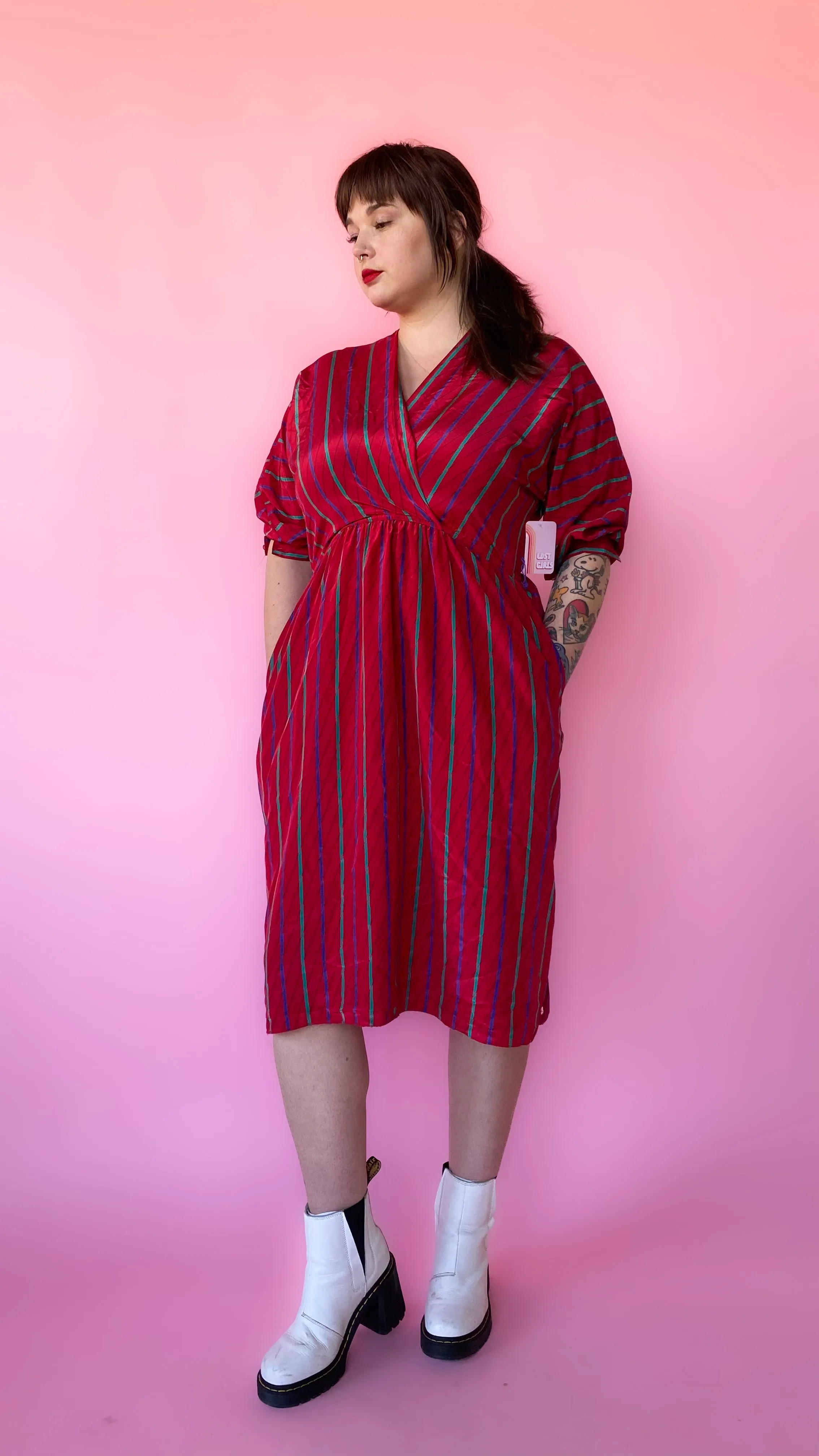 1980s Red Striped V-neck Dress, sz. L