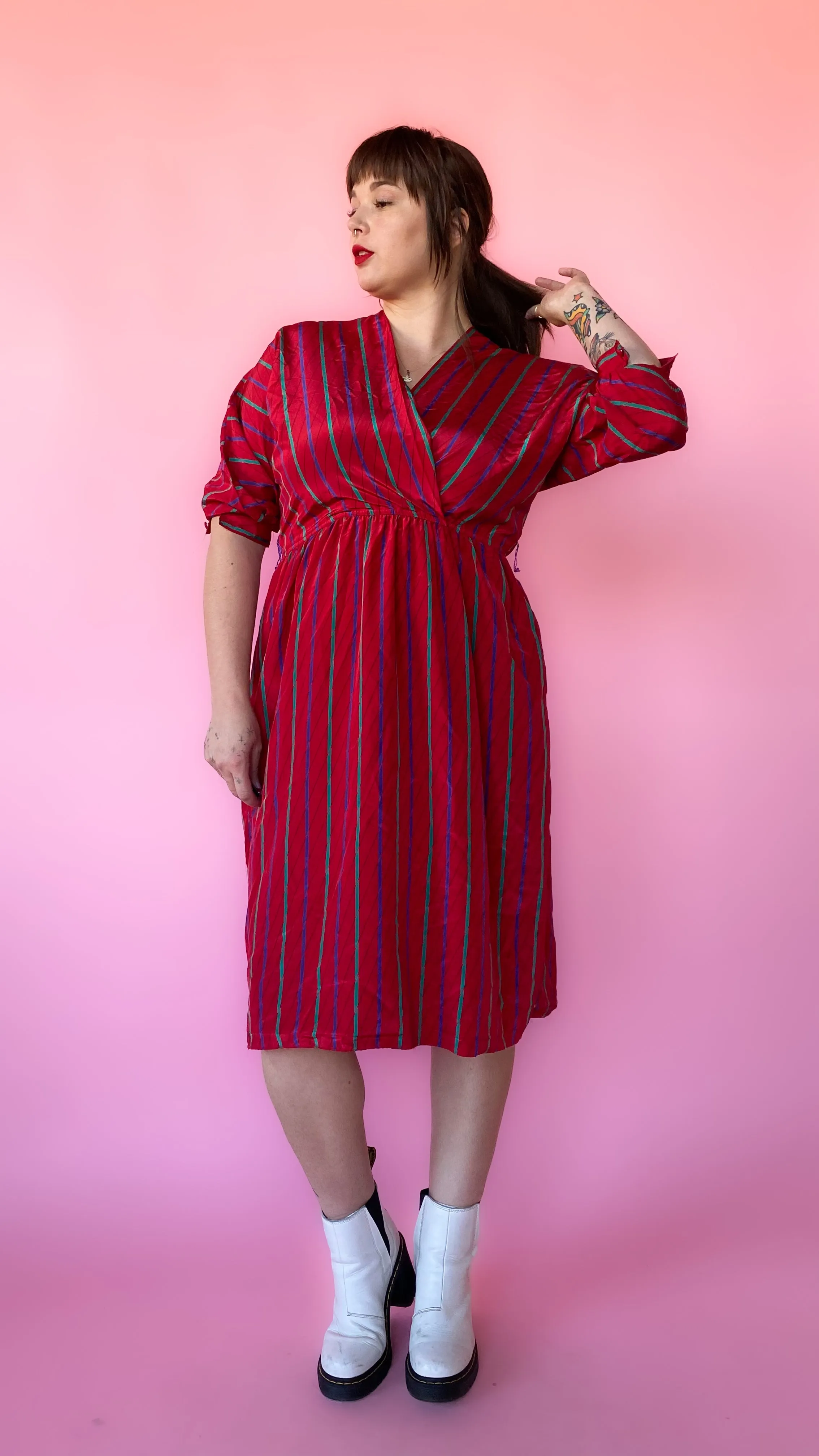 1980s Red Striped V-neck Dress, sz. L