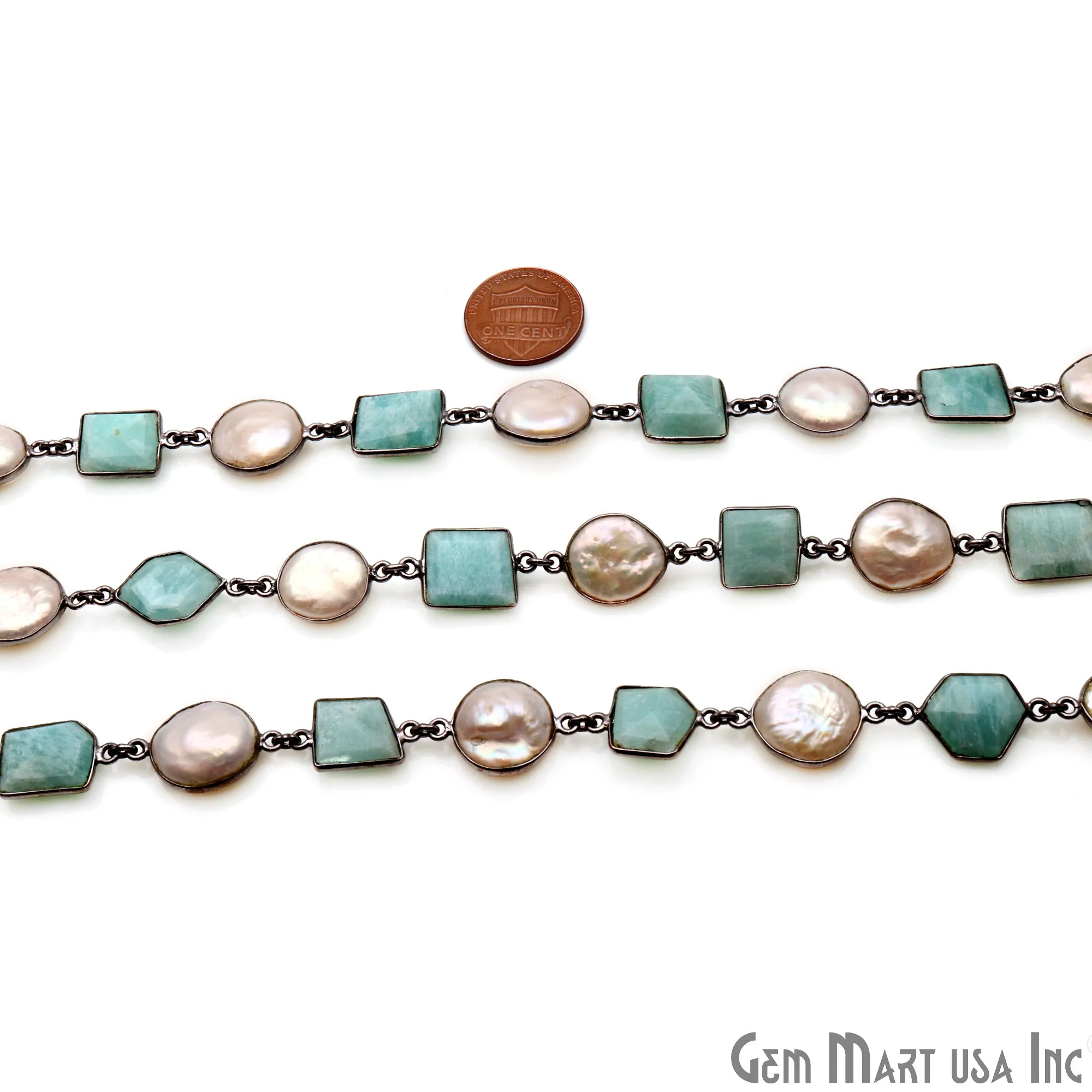 Amazonite And Freshwater Pearl Oxidized Bezel Rosary Connector Chain