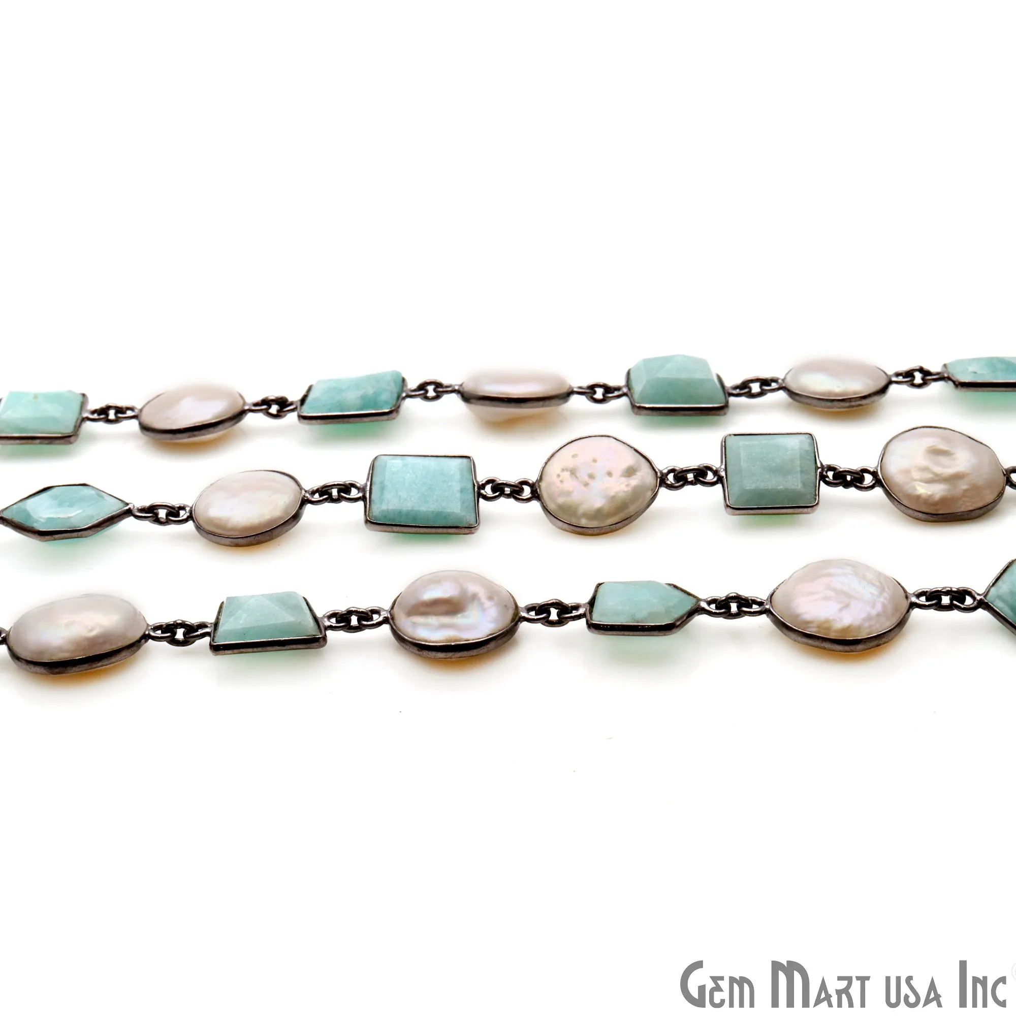 Amazonite And Freshwater Pearl Oxidized Bezel Rosary Connector Chain