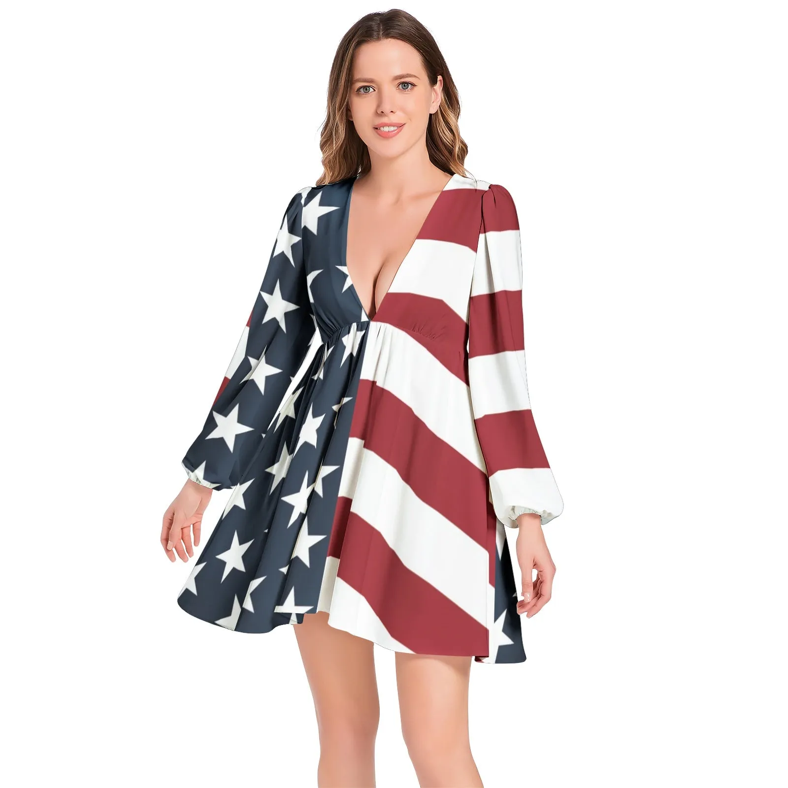 Americana Lantern Sleeve Deep V-Neck Short Dress