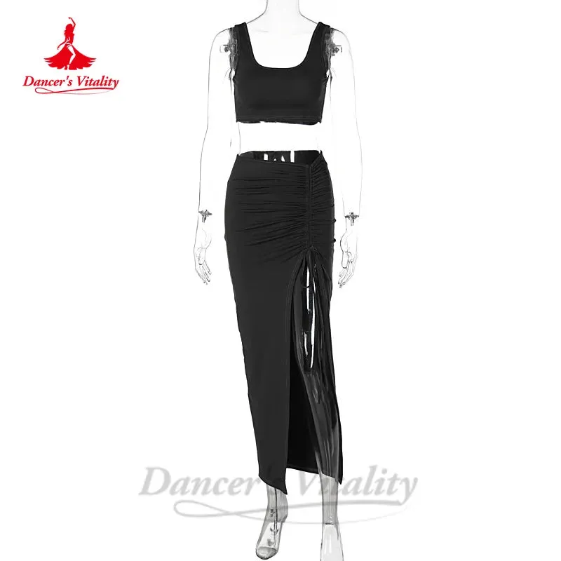 Belly Dance Costume Set for Women Cotton Sleeveless Top split Long Skirt 2pcs Sexy Oriental Belly Dancing Practice Clothes Suit