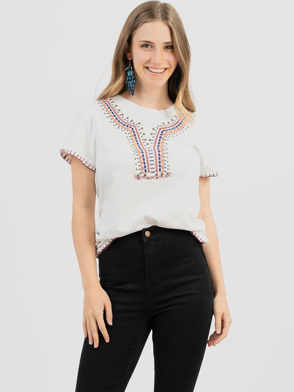 Delila Women's Embroidery Contrast Stitched Studded Tee