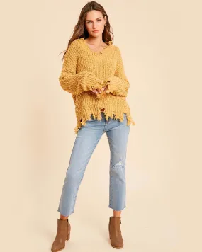 Distressed Hem Popcorn Yarn Knit V-Neck Sweater - Mustard