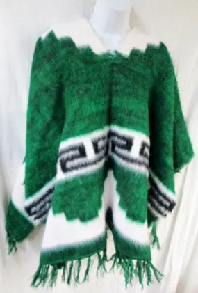 EUC Mens Womens Blanket Poncho Vest Ethnic WHITE GREEN Fringe OS FLEECE