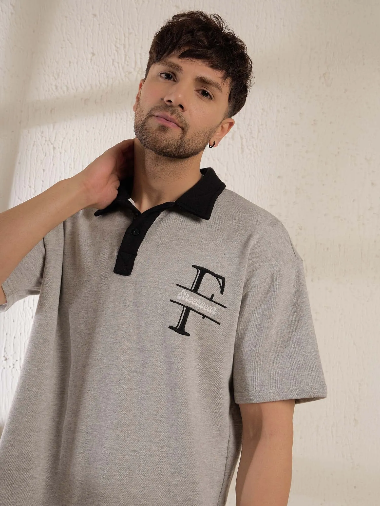 Grey Monogram Oversized Polo Tshirt