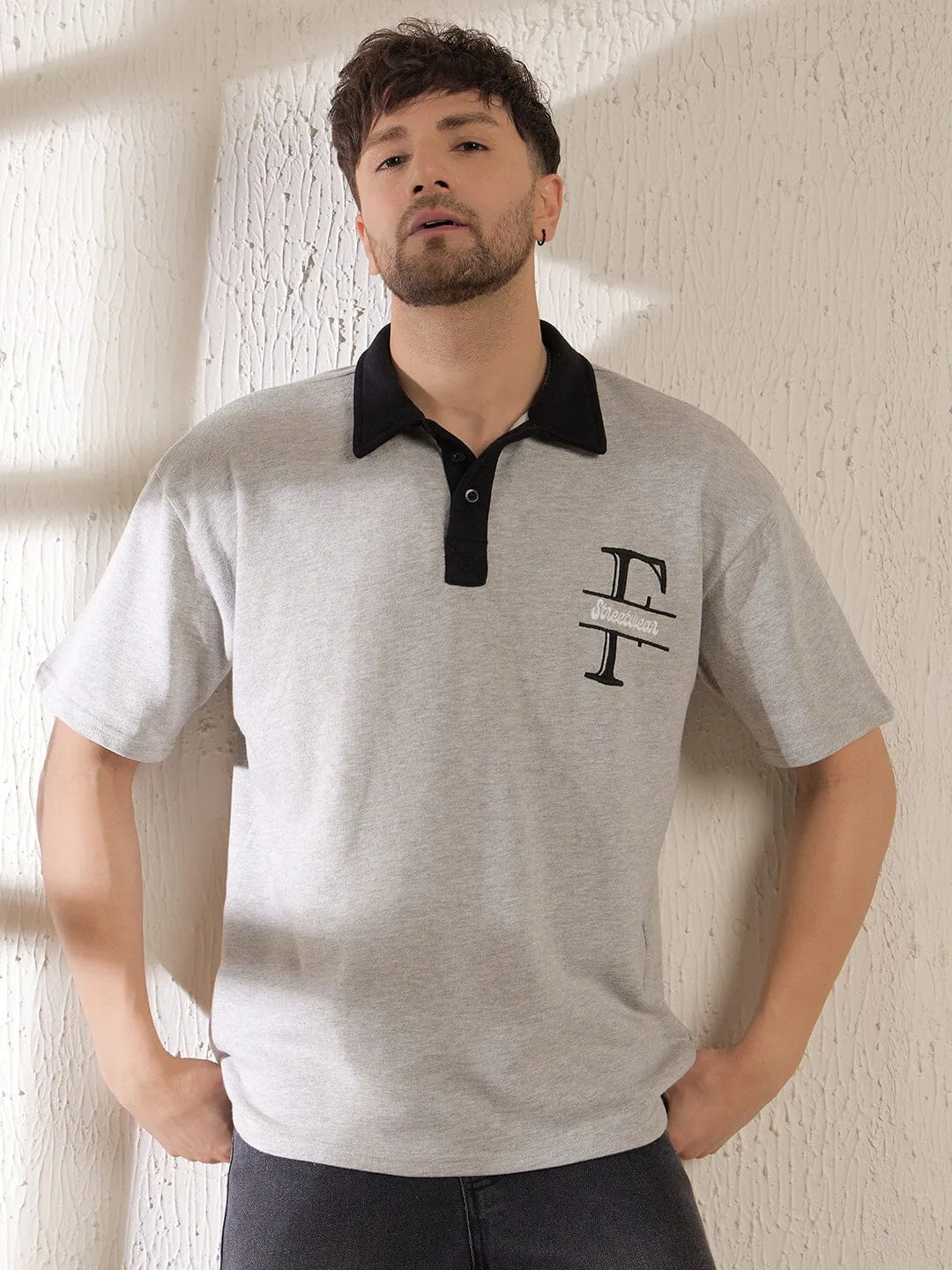 Grey Monogram Oversized Polo Tshirt