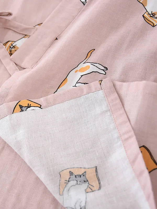 Long Sleeve Cute Cats Printed Robe Set