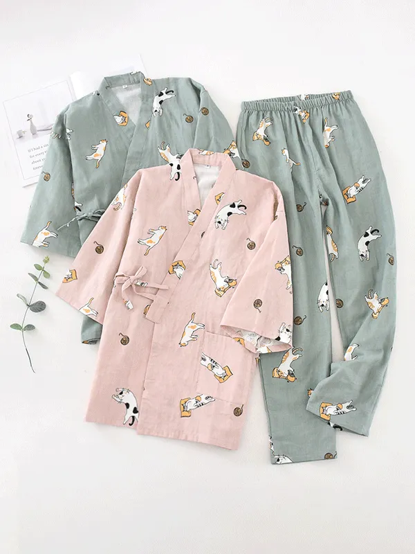 Long Sleeve Cute Cats Printed Robe Set