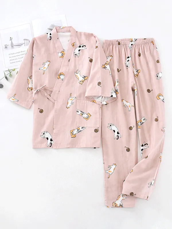 Long Sleeve Cute Cats Printed Robe Set