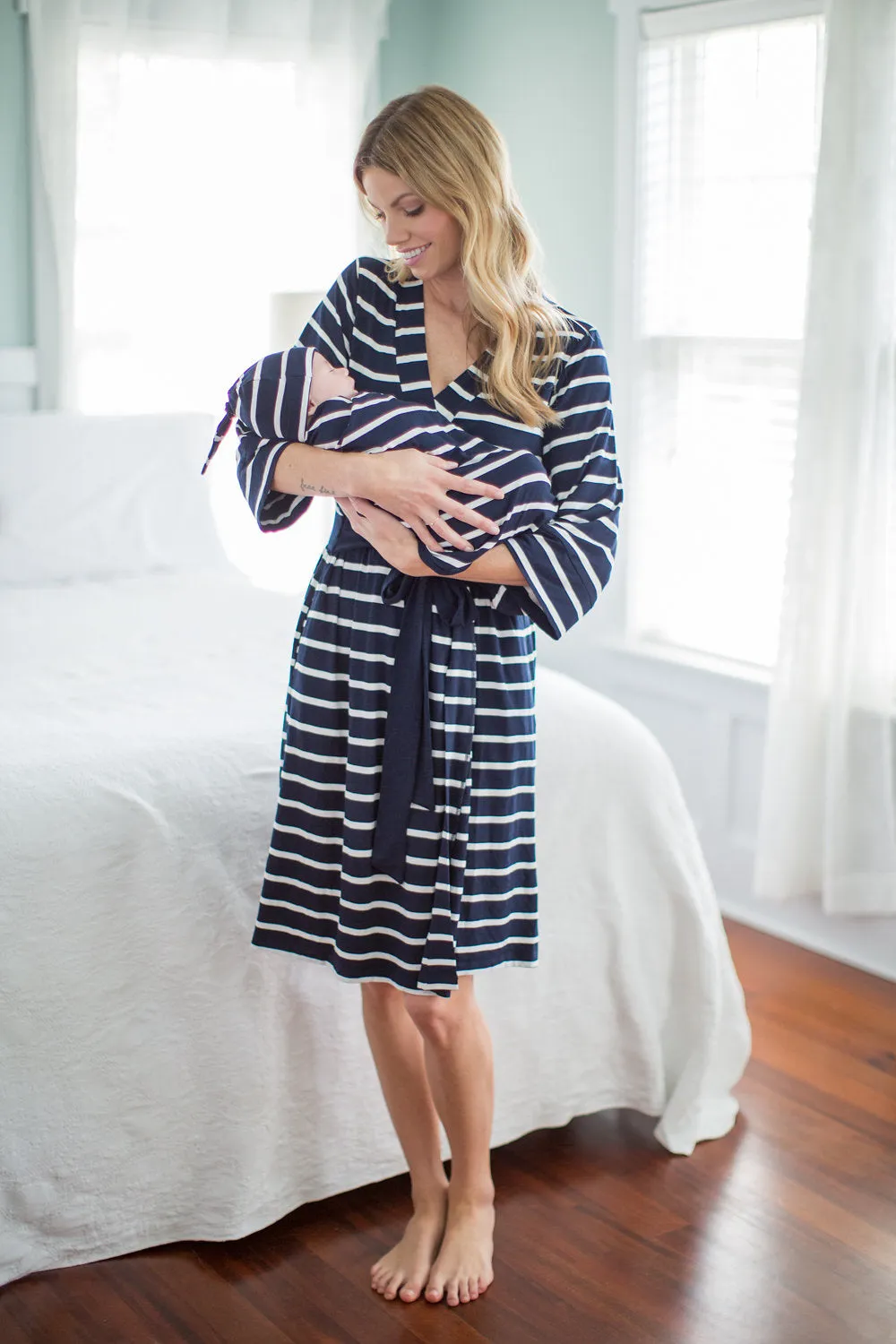 Navy Stripe Robe & Newborn Swaddle Set