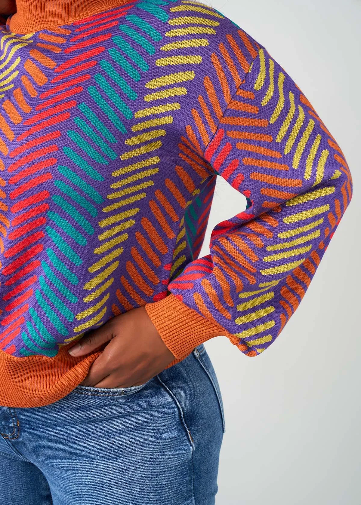 Niambi Women's African Print Crew Neck Sweater (Rainbow Tribal Lines)