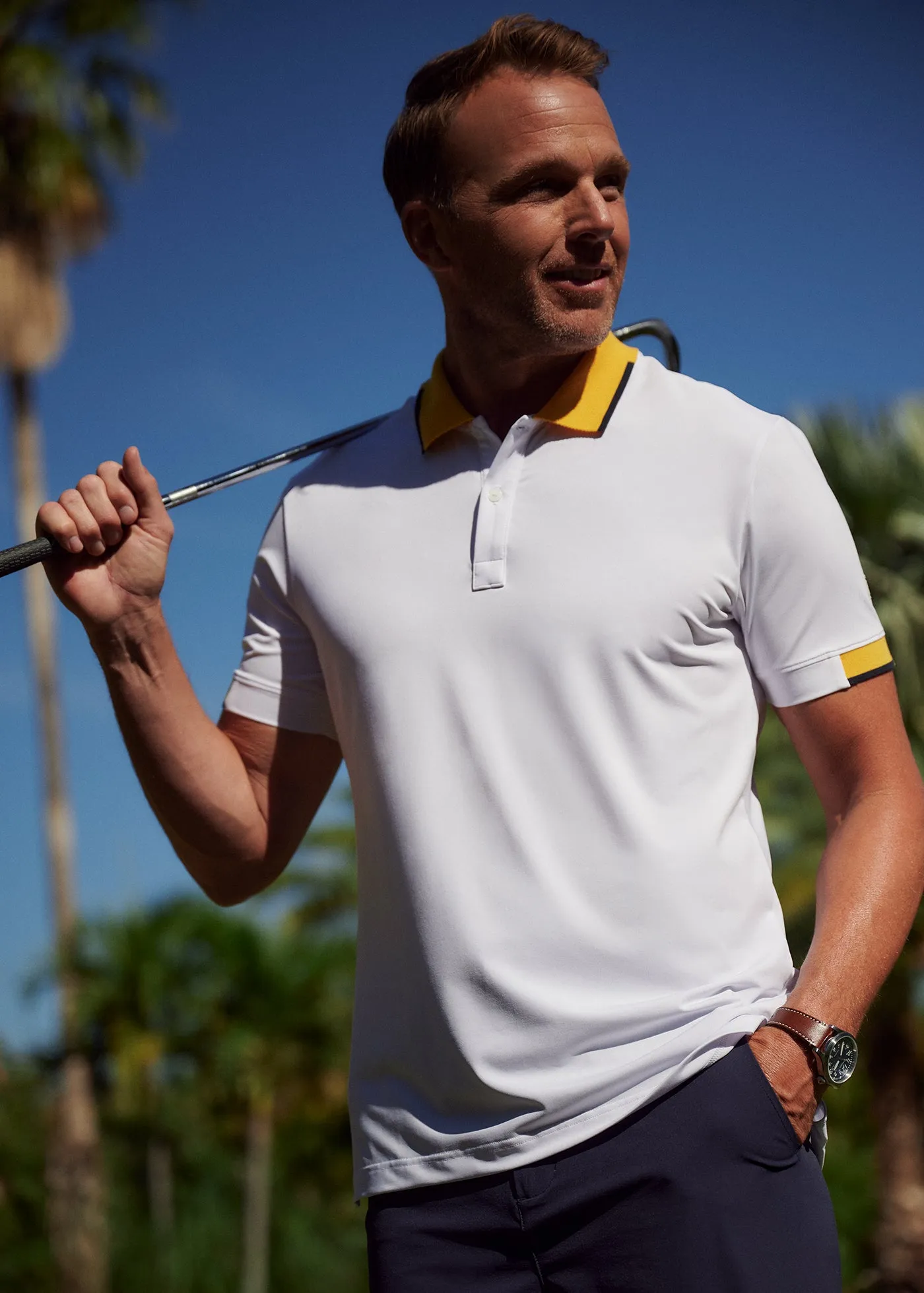 Performance Tipped Polo | White w/ Yellow Collar & Navy Tipping