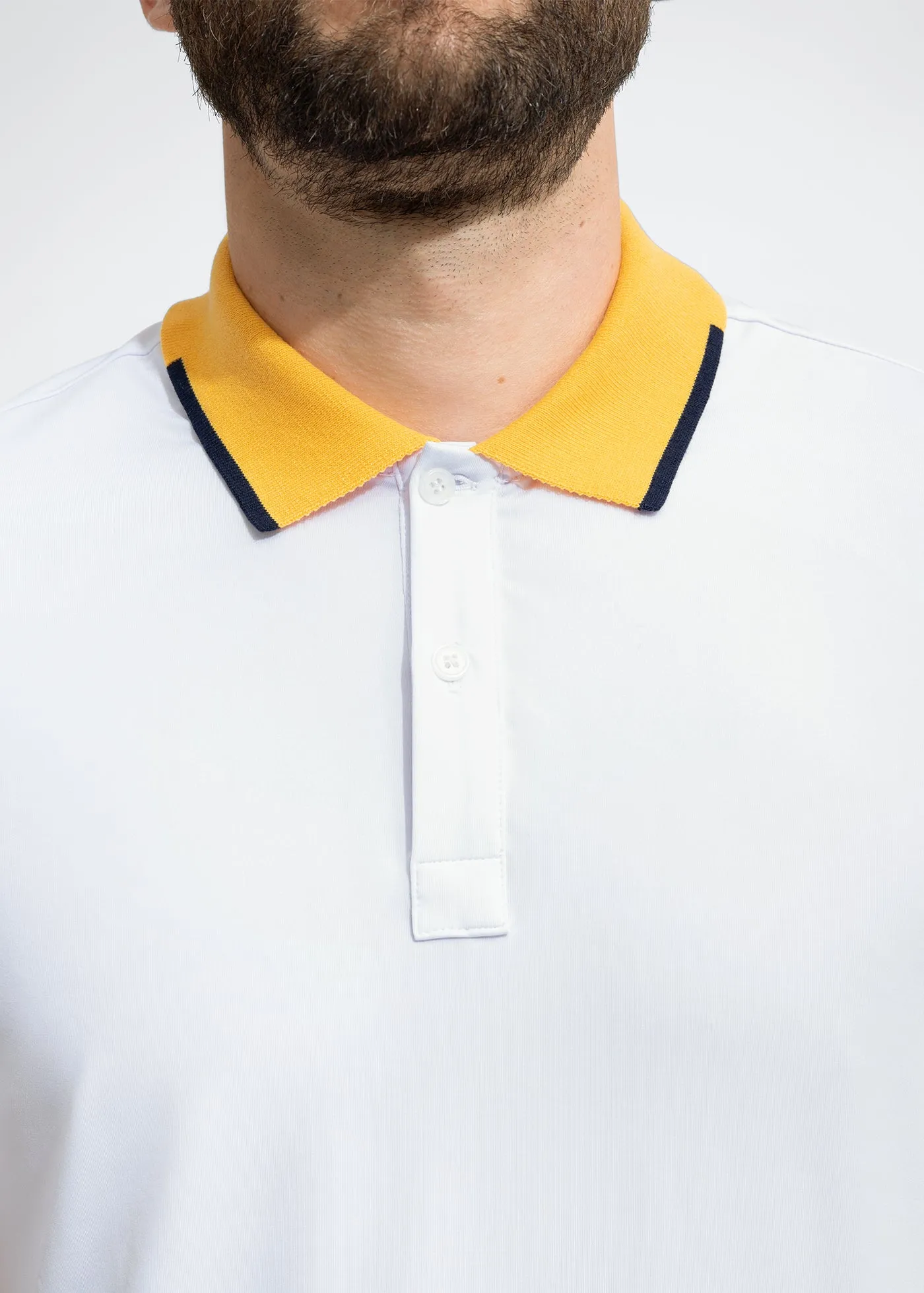 Performance Tipped Polo | White w/ Yellow Collar & Navy Tipping