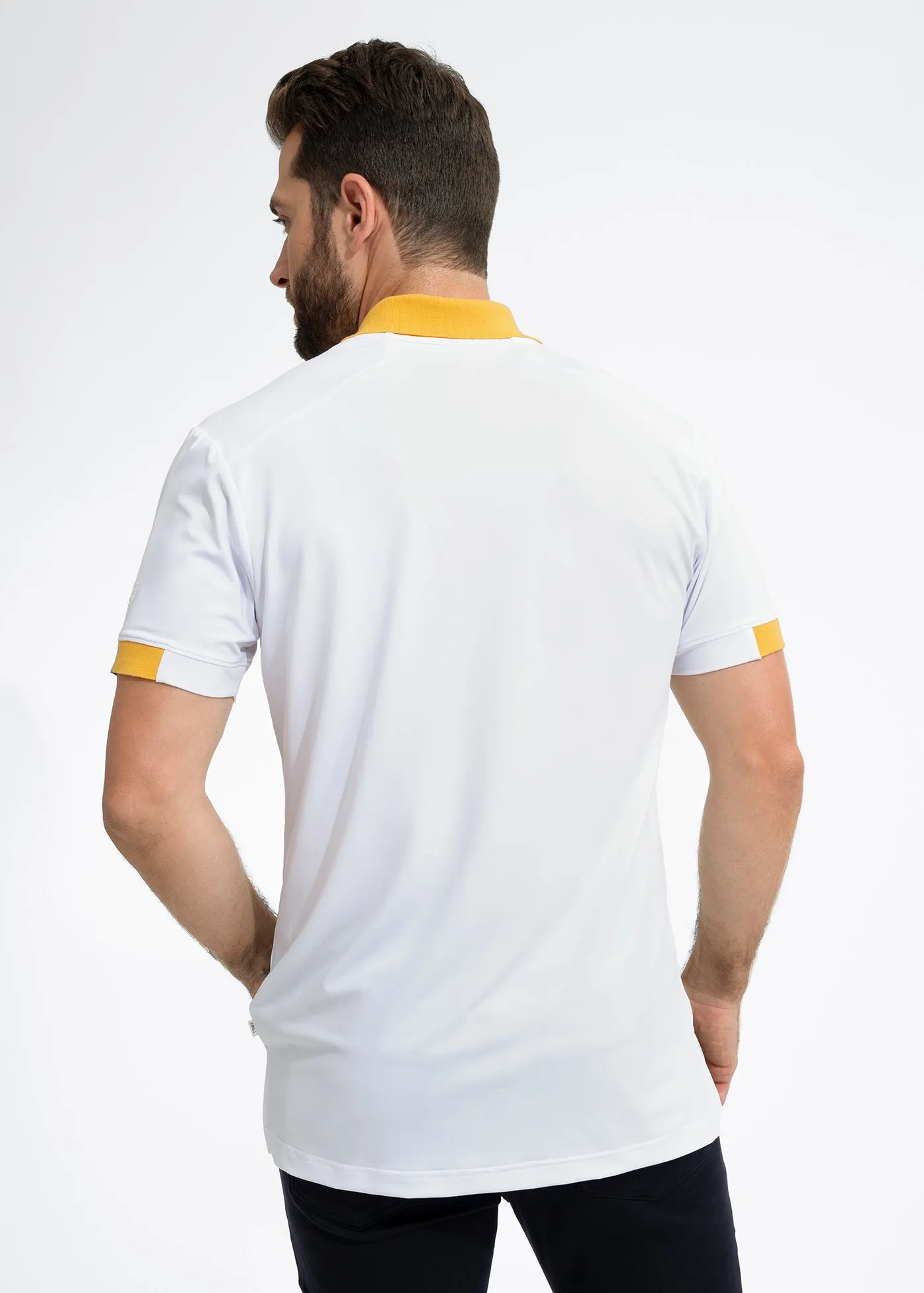 Performance Tipped Polo | White w/ Yellow Collar & Navy Tipping