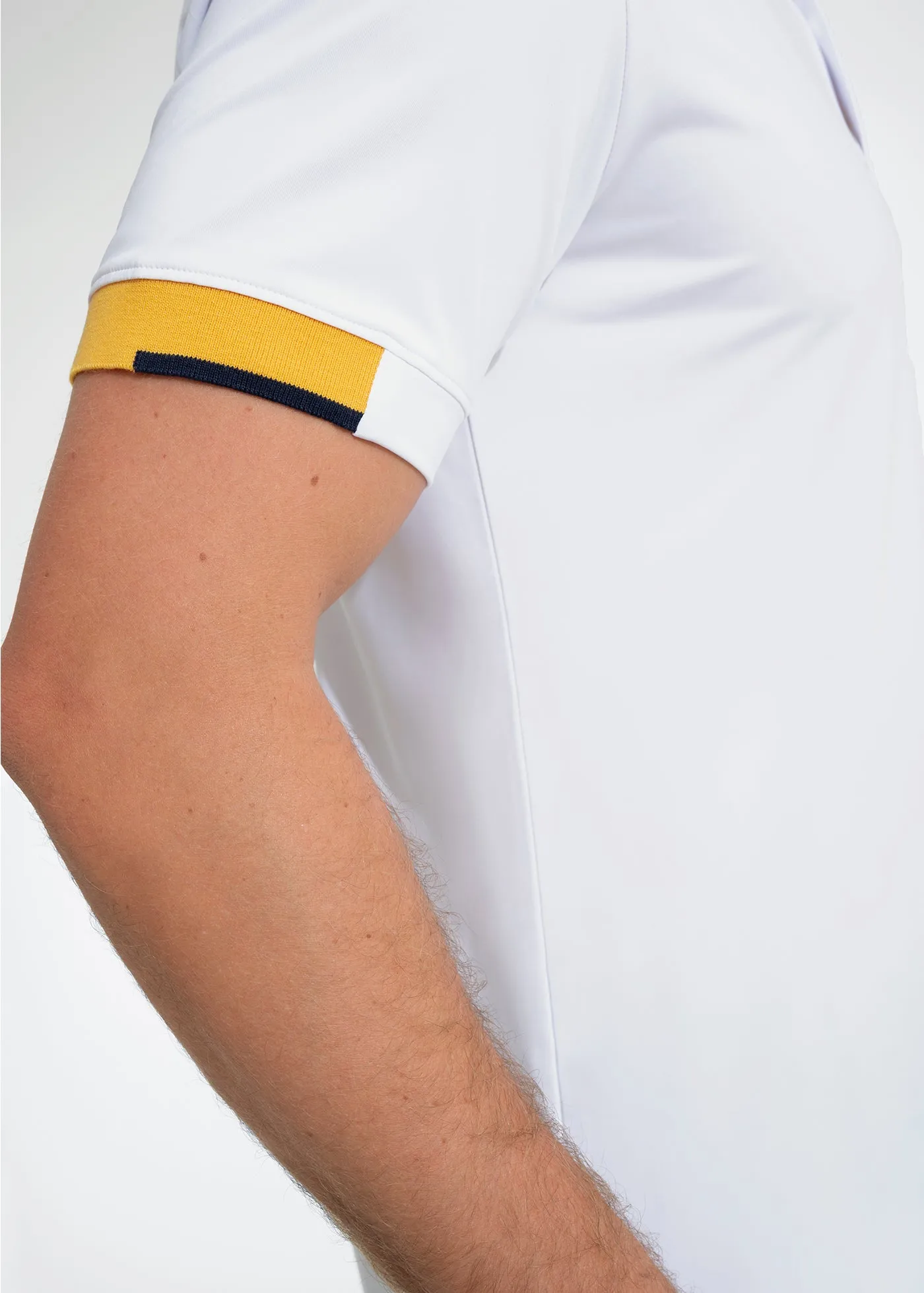 Performance Tipped Polo | White w/ Yellow Collar & Navy Tipping