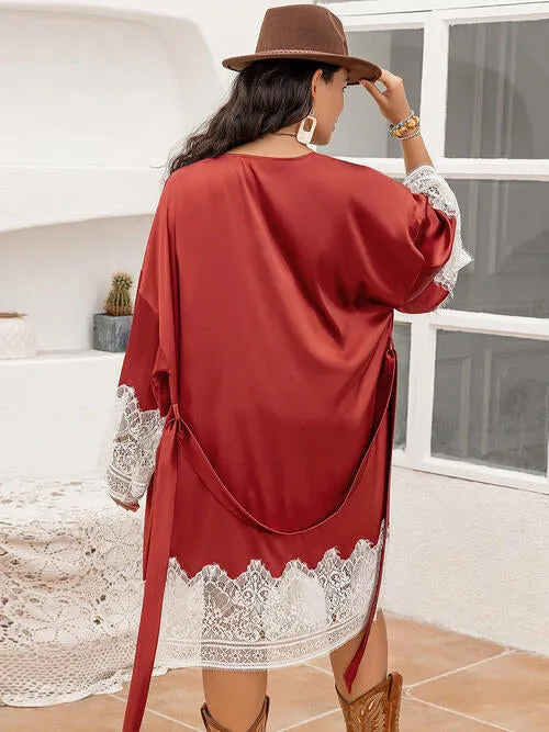 Plus Size Lace Patchwork Tie Front Robe