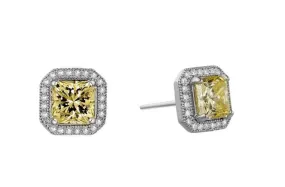 Princess Cut Simulated Canary Diamond Halo Post Earrings E0038CAP