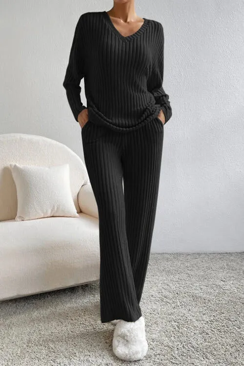 Ribbed V-Neck Shirt / Pants Outfit ( S - 2X )