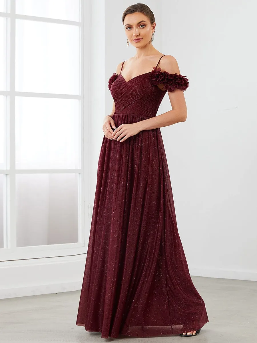 Sparkling Off-Shoulder Floral V-Neck Evening Dress