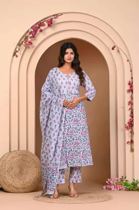 Straight Flower Print Kurti Pant and Dupatta Set