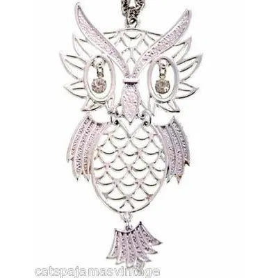 Vintage Articulated Owl Pendant Necklace Silver Tone Rhinestone Eyes 1970s Large